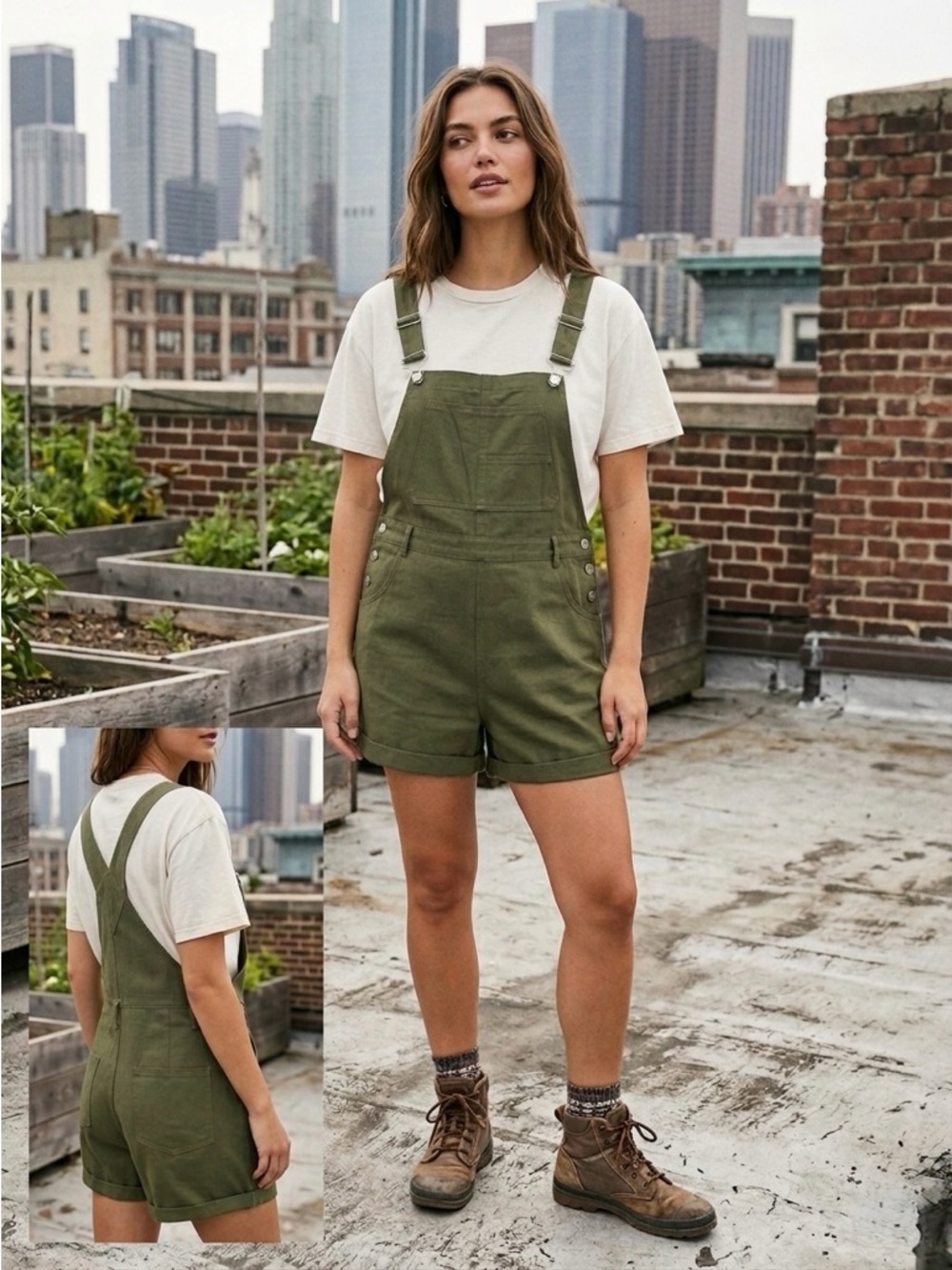 Olive Green Earth Tone Utility Shortalls // Gorpcore Utility Bib Overalls L